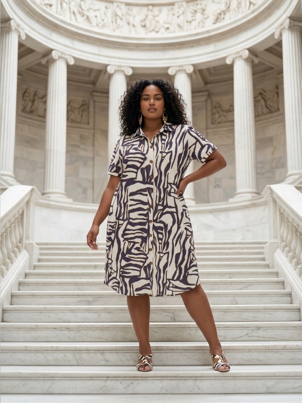 Ava & Viv Cream and Navy Zebra-Print Button Front Dress